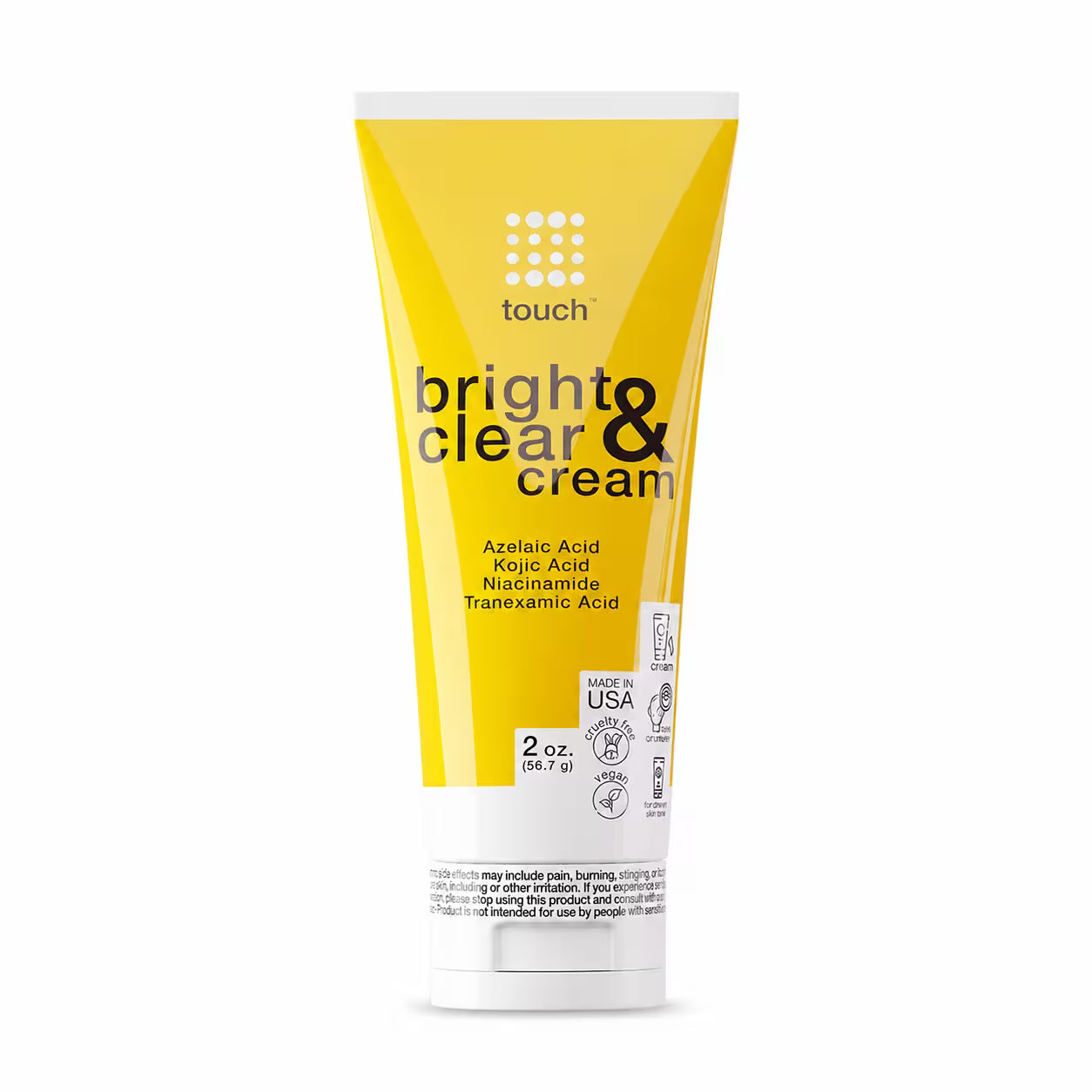 A 2 oz squeeze tube of touch bright clear & cream, featuring a bright yellow body with a white cap and base, on a clean white background.