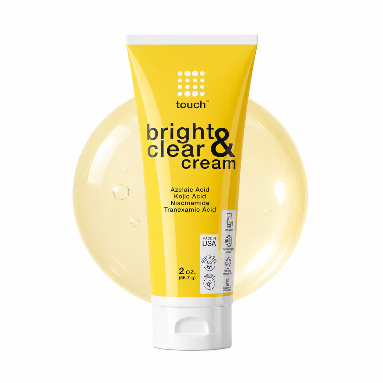 A yellow squeeze tube of touch bright & clear cream with a white cap, centered in front of a translucent pale yellow circular graphic on a white background.